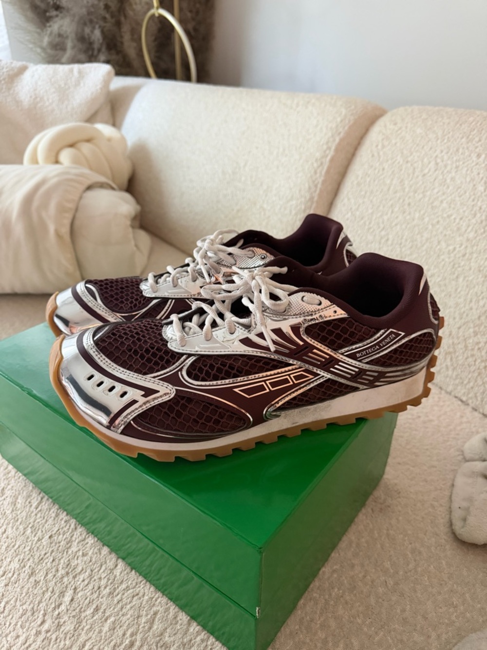 Bottega Veneta Burgundy and Silver Mesh Trail Sneakers